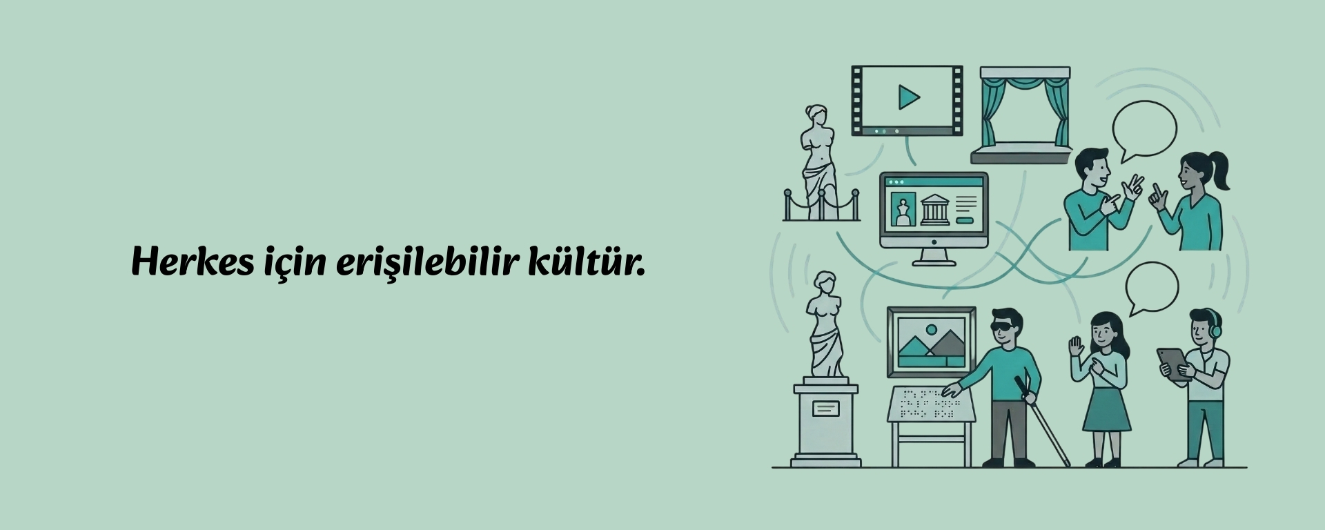 Herkes için erişilebilir kültür.  yazısının yer aldığı görselin sağ tarafında farklı erişilebilirlik çözümlerini bir arada gösteren bir grup ikon ve illüstrasyon bulunuyor. Bu grupta, film rulosu, tiyatro sahnesi, heykel, bilgisayar ekranı, işaret diliyle iletişim kuran iki kişi, Braille alfabesiyle hazırlanmış bir pano, görme engelli bir kişi ve kulaklıklı bir kişi gibi semboller yer alıyor.