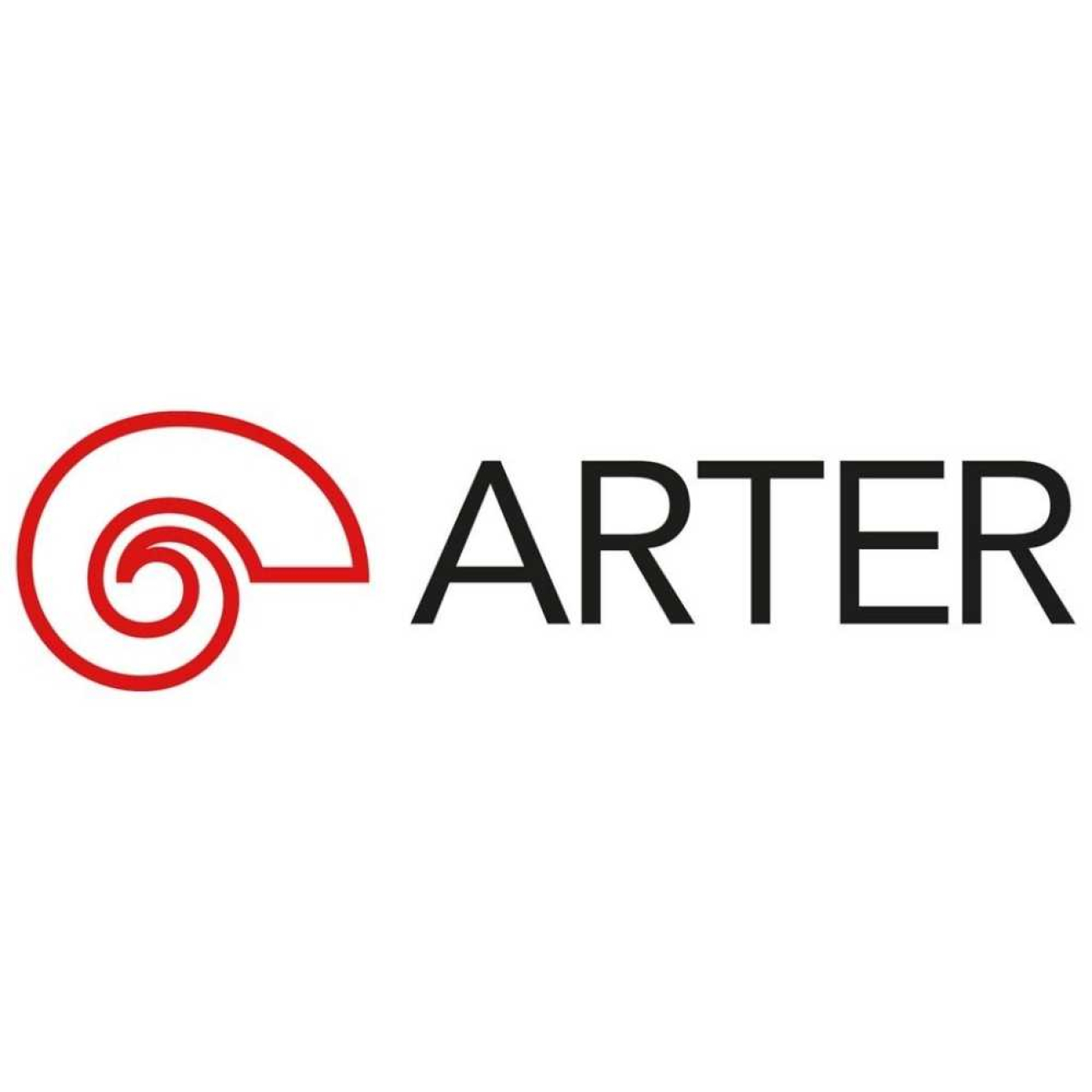 Arter logosu. Sol tarafta kırmızı renkte, salyangoz kabuğunu veya spiral bir formu andıran hatlara sahip dairesel bir simge; sağ tarafta ise siyah, büyük ve yalın harflerle yazılmış ARTER ifadesi yer alıyor.