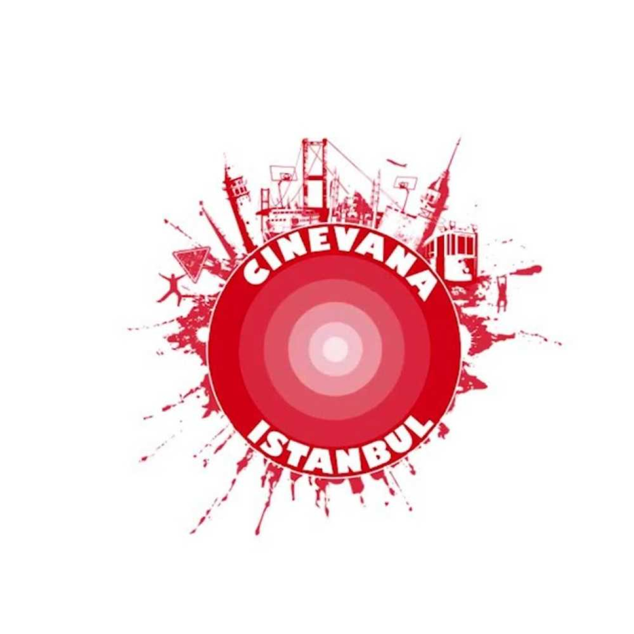 Kırmızı tonlarda Cinevana İstanbul logosu. Merkezde iç içe geçmiş halkalardan oluşan hedef tahtası benzeri bir daire, çevresinde ise İstanbul Boğaz Köprüsü, Galata Kulesi ve tramvay gibi ikonik şehir silüetleri ile boya sıçraması efektleri yer alıyor. Üstte kavisli şekilde CINEVANA, altta ise ISTANBUL yazısı bulunuyor.