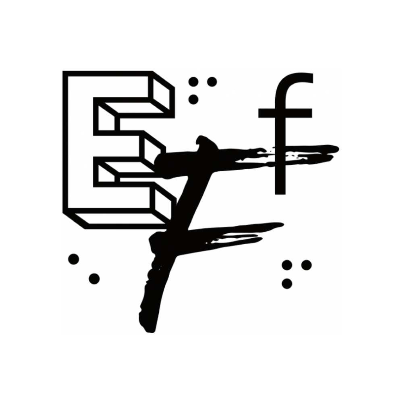 Beyaz zemin üzerine siyah renkli grafiksel EFF logosu. Sol üstte içi boş üç boyutlu büyük E harfi, sağ üstte küçük f harfi ve ortada fırça darbesi stilinde büyük F harfi yer alıyor. Çevresinde küçük noktalar ve Braille alfabesini andıran kabartma noktaları bulunuyor.