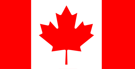 Kanada- Betimleyen: Zeynep GÜL  İki yanında dikey kırmızı parçalar olan beyaz fonun üzerine sapı aşağı gelecek şekilde yerleştirilen kırmızı renkte bir akağaç yaprağı.  Yaprak 11 uçlu olarak şekillendirilmiş.