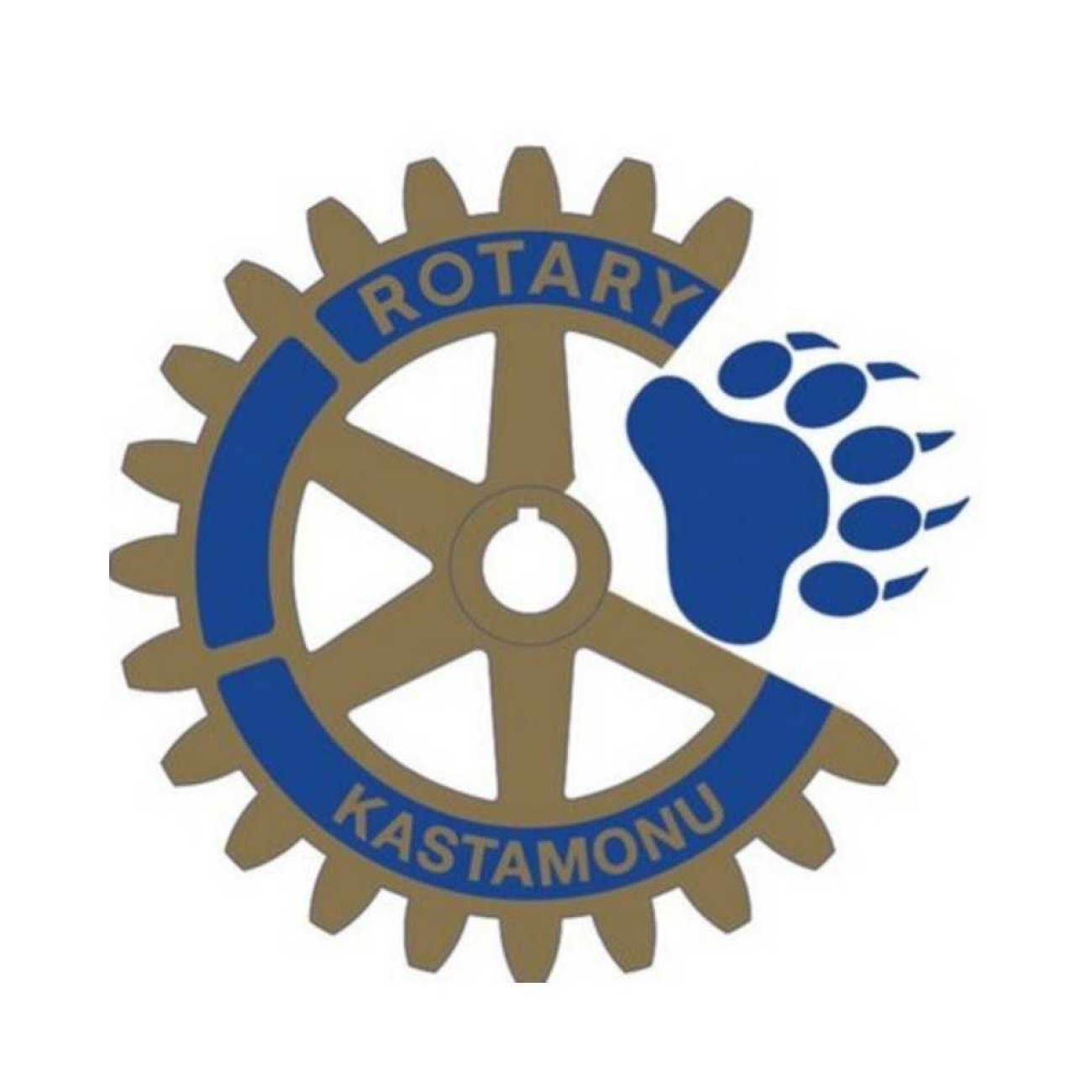 Kastamonu Rotary Kulübü logosu. Geleneksel altın sarısı dişli çark ambleminin sağ tarafına mavi renkli bir ayı pençesi izi eklenmiş.