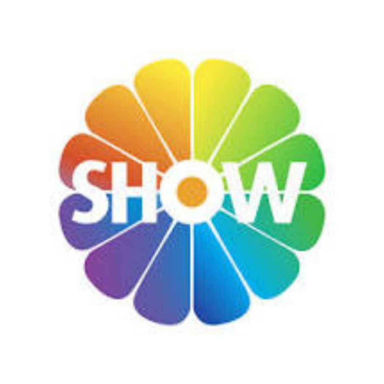 Beyaz zemin üzerinde, gökkuşağı renklerinde 12 adet yapraktan oluşan dairesel bir çiçek figürünün merkezine yerleştirilmiş beyaz, kalın harflerle yazılmış SHOW ibaresi.