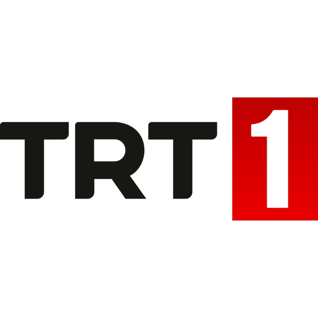 Siyah büyük harflerle TRT yazısı ve yanında kırmızı bir kare içinde beyaz 1 rakamından oluşan TRT 1 logosu.