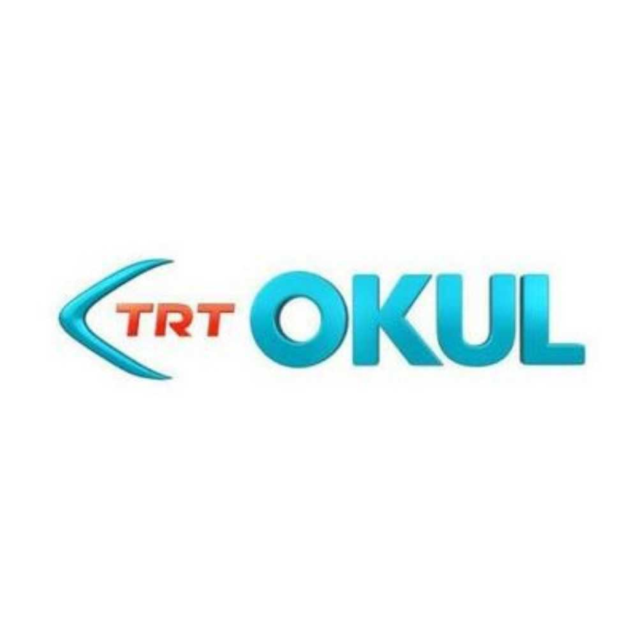 Beyaz zemin üzerinde, sol tarafta açık mavi bir parantez/yay içinde kırmızı TRT yazısı ve sağında büyük, kalın, açık mavi harflerle OKUL yazısı bulunan TRT Okul logosu.