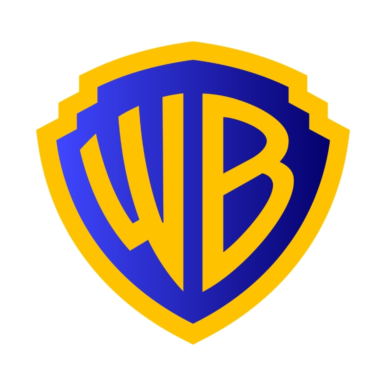 Sarı çerçeveli mavi bir kalkan içinde sarı renkli büyük WB harflerinden oluşan Warner Bros logosu.