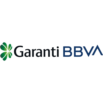 Garanti Bankası Yeşil dört yapraklı yonca simgesinin yanında siyah harflerle Garanti ve lacivert harflerle BBVA yazan logo.