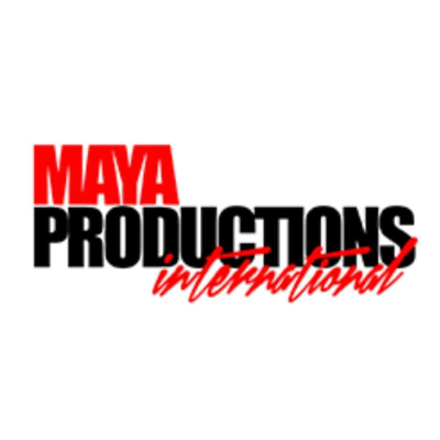 MAYA PRODUCTİONS Maya Productions International logosu: Kırmızı MAYA ve siyah PRODUCTIONS ibarelerinin alt köşesine estetik bir kırmızı el yazısıyla eklenmiş International metni yer alıyor.